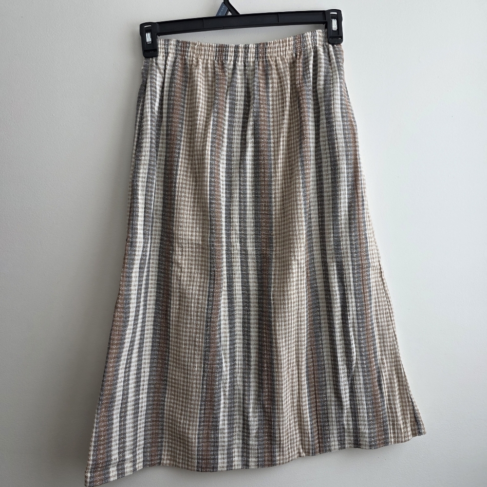Vintage Gingham Tweed Tan Wool Blend Midi Skirt Academia Preppy Size 8 Pockets